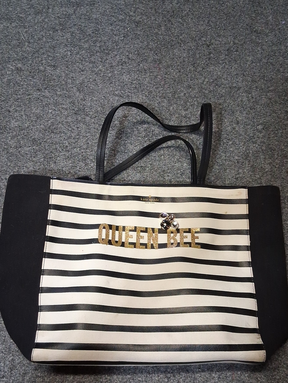 kate spade Black & White Striped "Queen Bee" Tote with Gold Accent